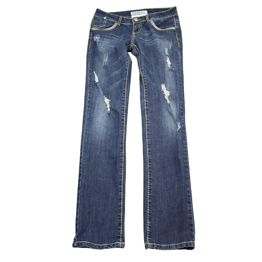 Liuces Pants Womens 9 Blue Low Rise Distressed Slim Straight Cut Casual Jeans